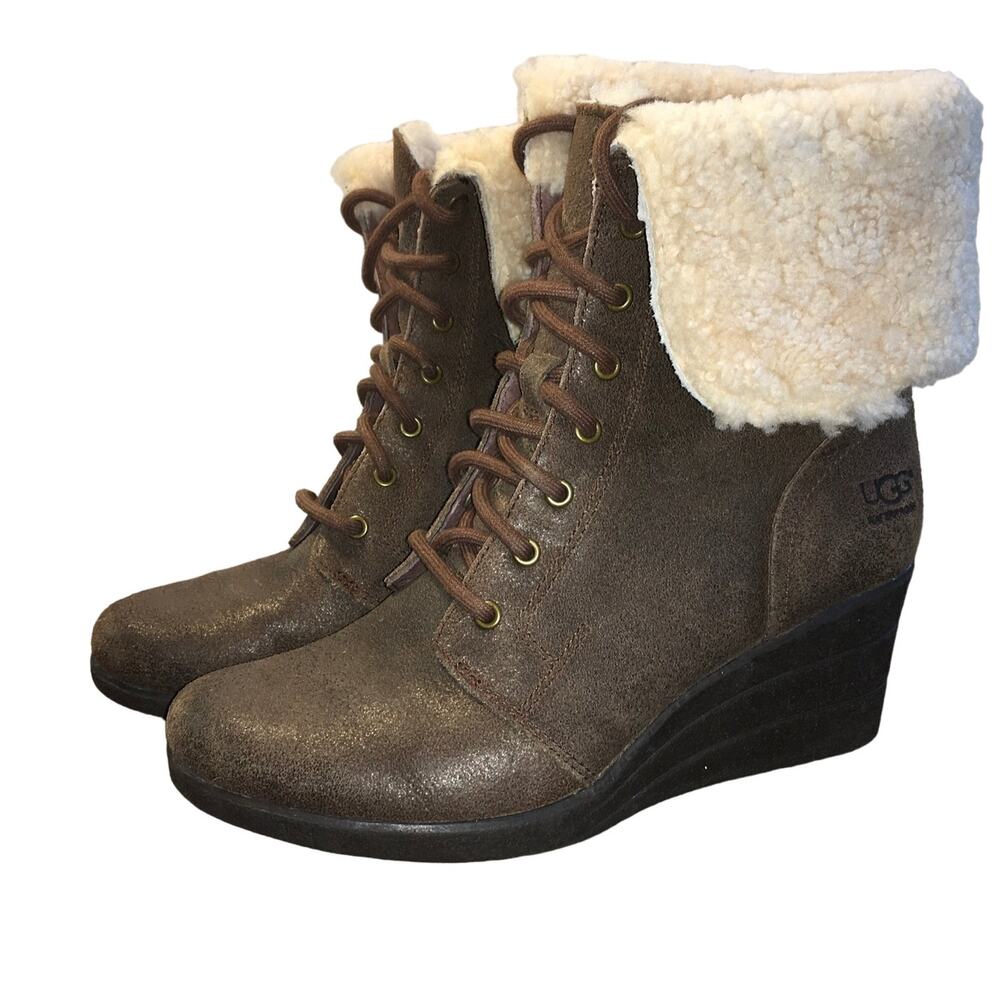 Ugg Zea Brown Waterproof Leather Shearling Lined Wedge Mid Ankle Boot Womens  8